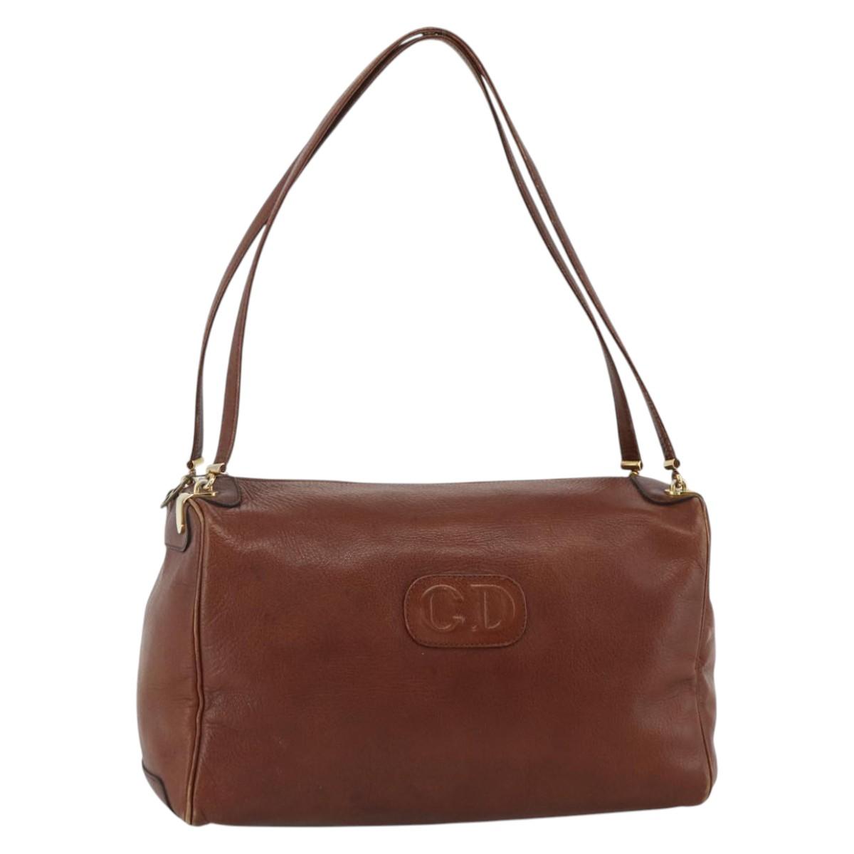 Christian Dior Shoulder Bag Leather Brown Gold Auth 174305A
