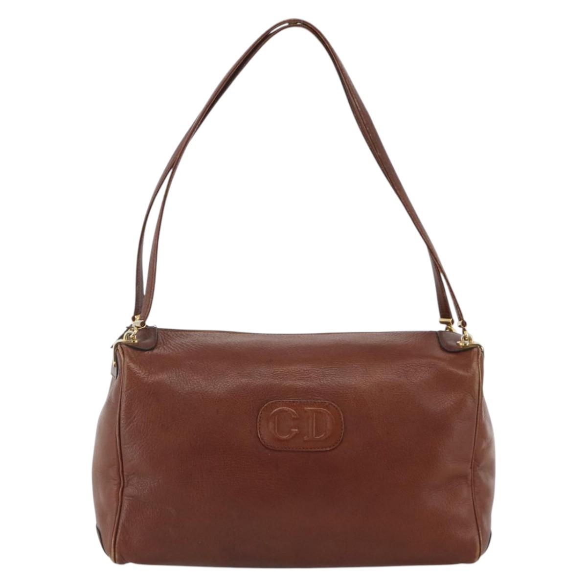 Christian Dior Shoulder Bag Leather Brown Gold Auth 174305A