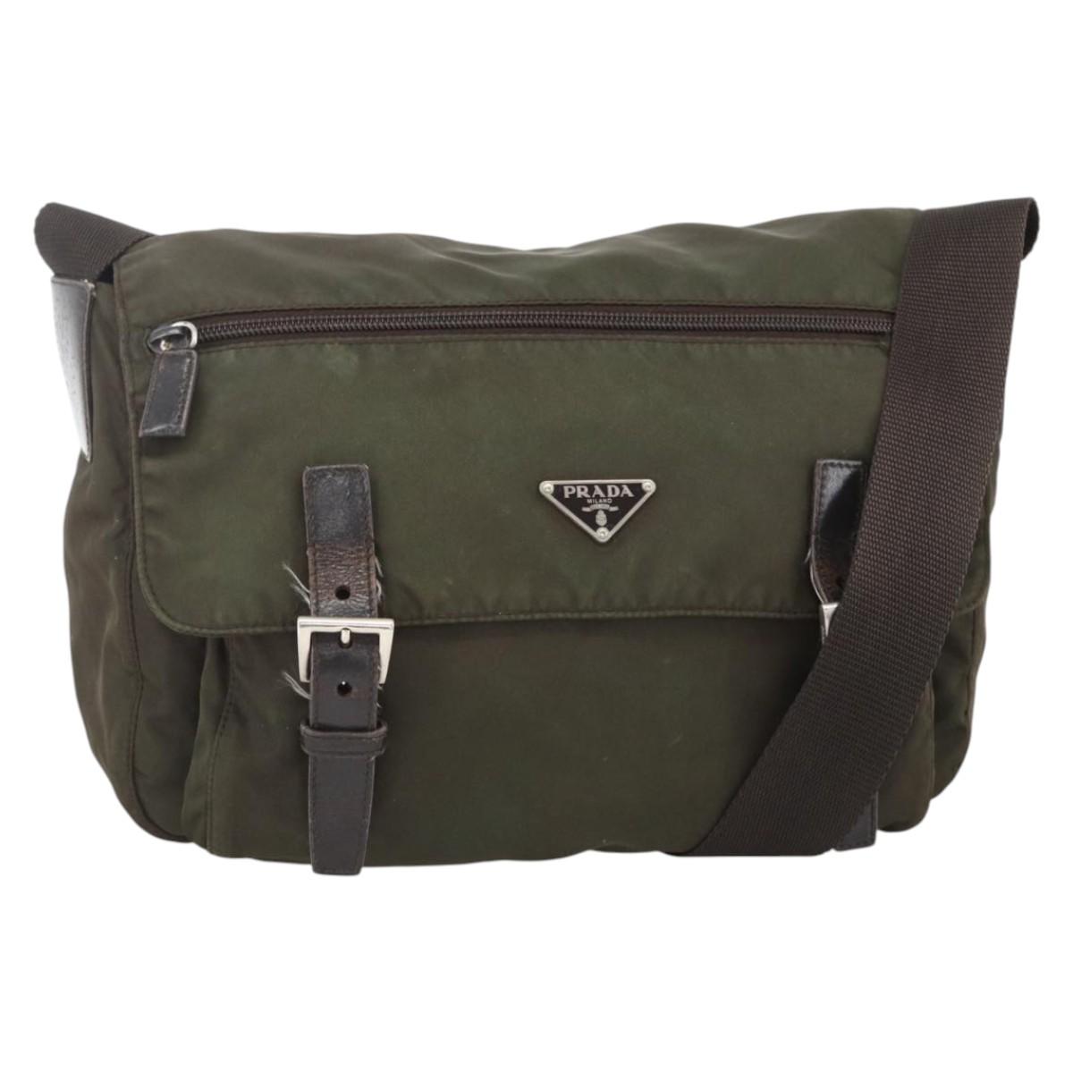 PRADA Shoulder Bag Nylon Khaki Silver Auth 174309