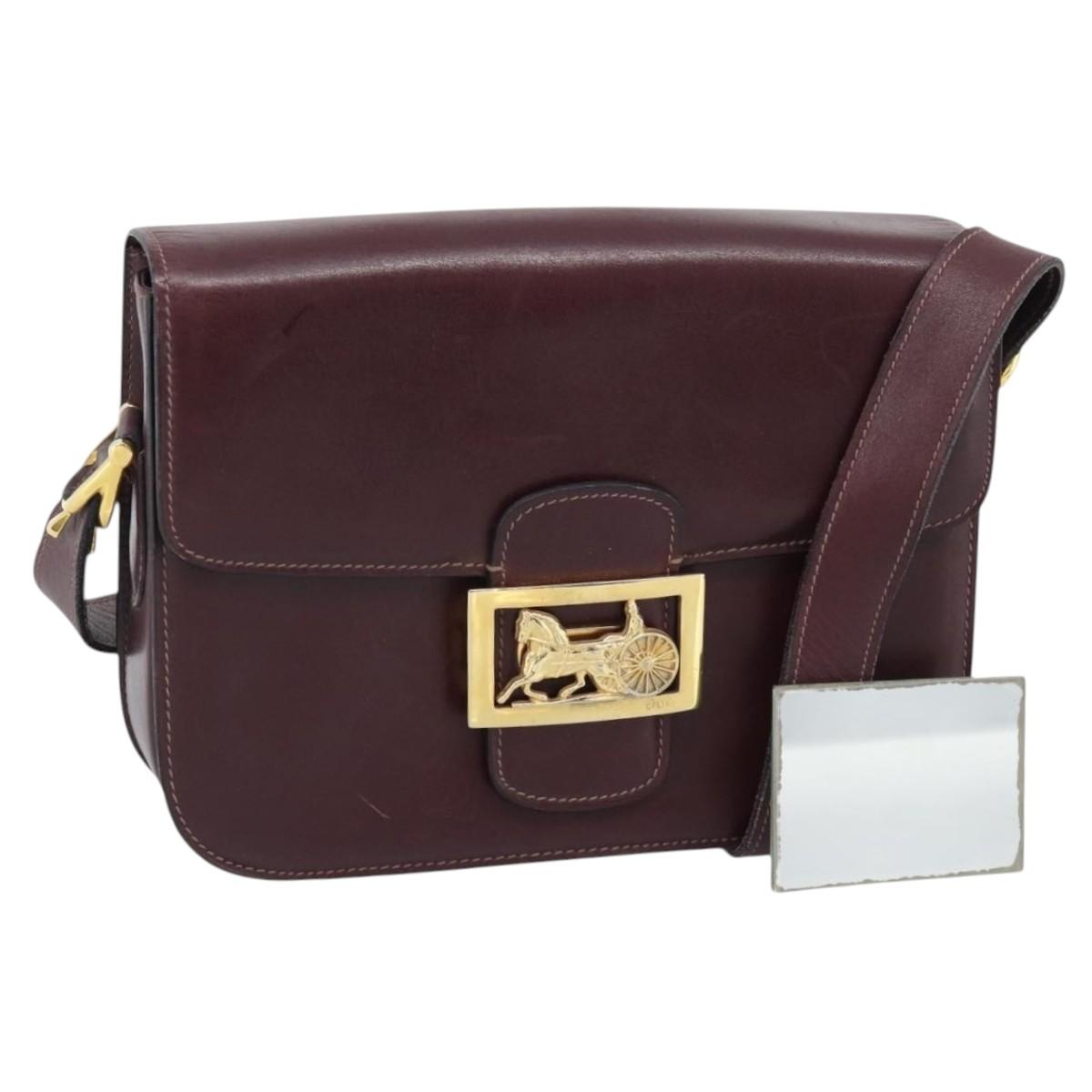 CELINE Horse Carriage Shoulder Bag Leather Bordeaux Gold Auth 174318A