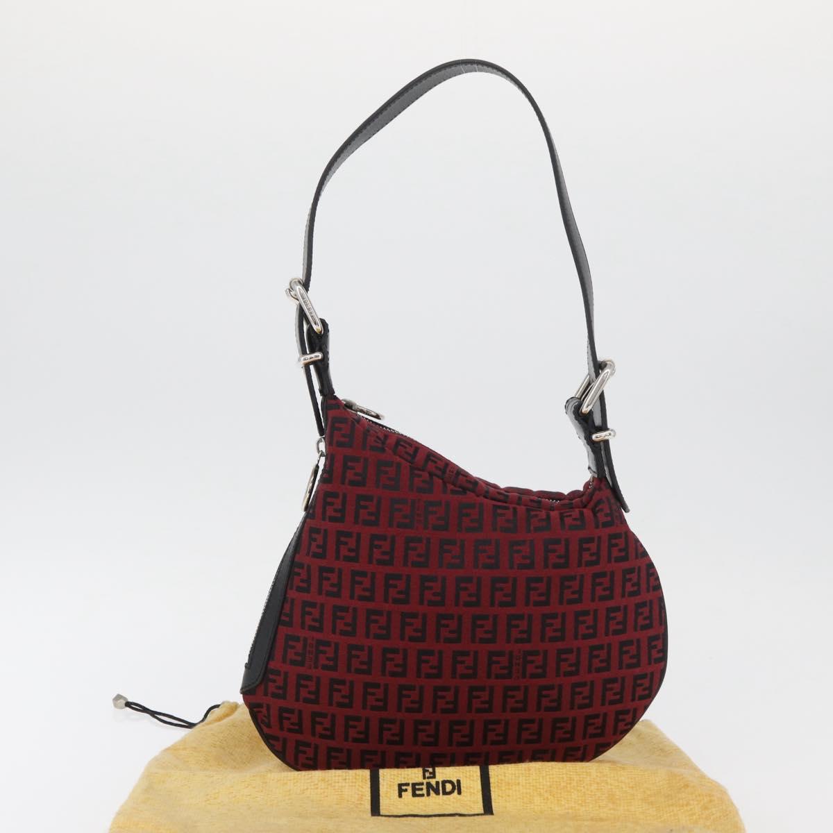 FENDI Zucchino Canvas Shoulder Bag Red Silver Auth 174322V