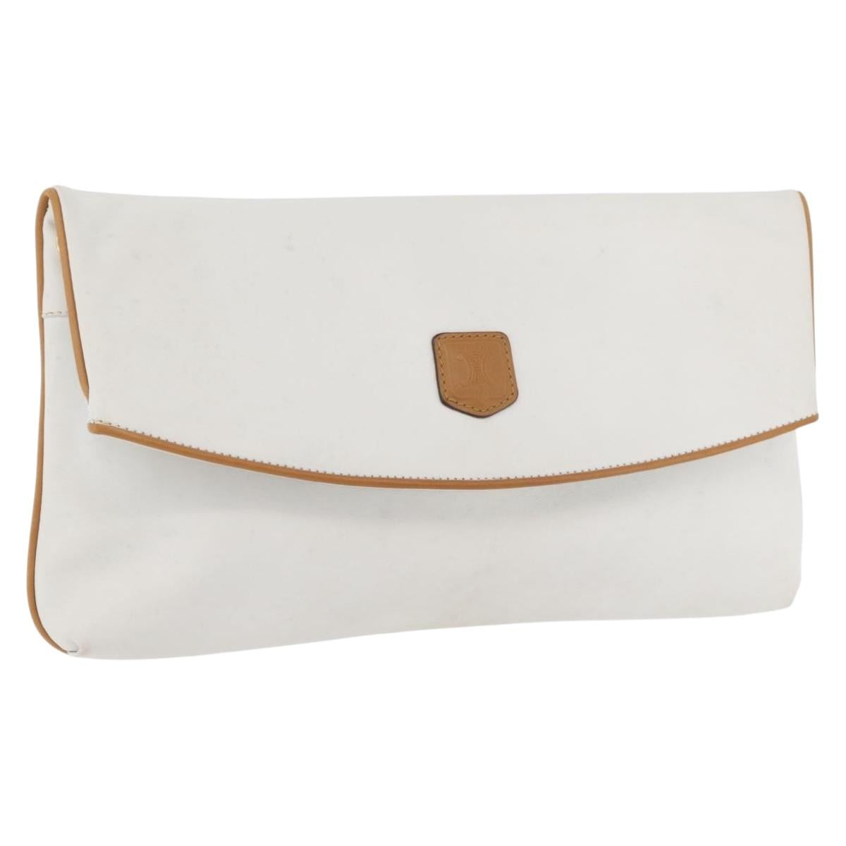 CELINE Clutch Bag Leather White Gold Auth 174339A