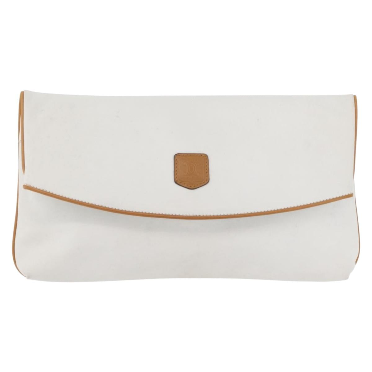 CELINE Clutch Bag Leather White Gold Auth 174339A