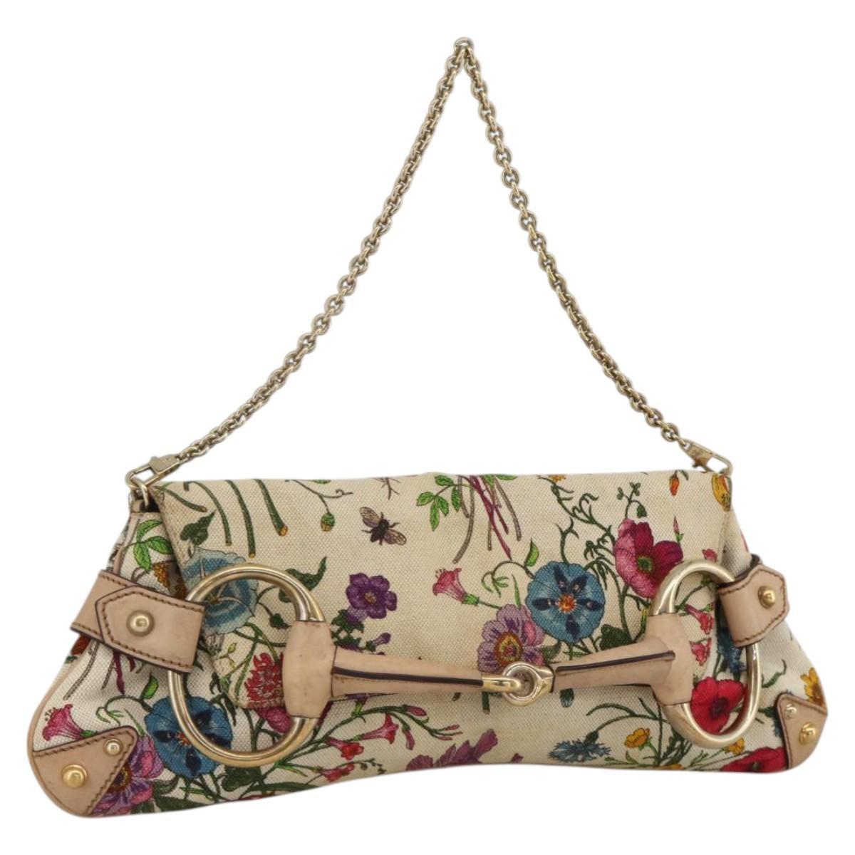 GUCCI Flora Horsebit Chain Shoulder Bag Canvas Navy Gold Auth 174347A