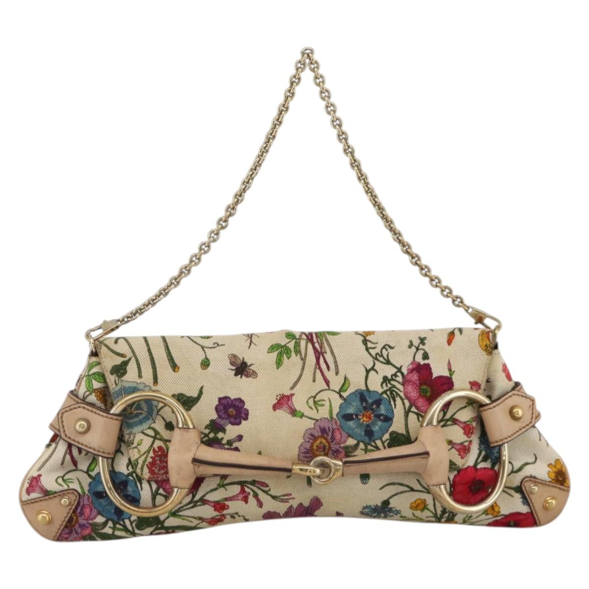 GUCCI Flora Horsebit Chain Shoulder Bag Canvas Navy Gold Auth 174347A