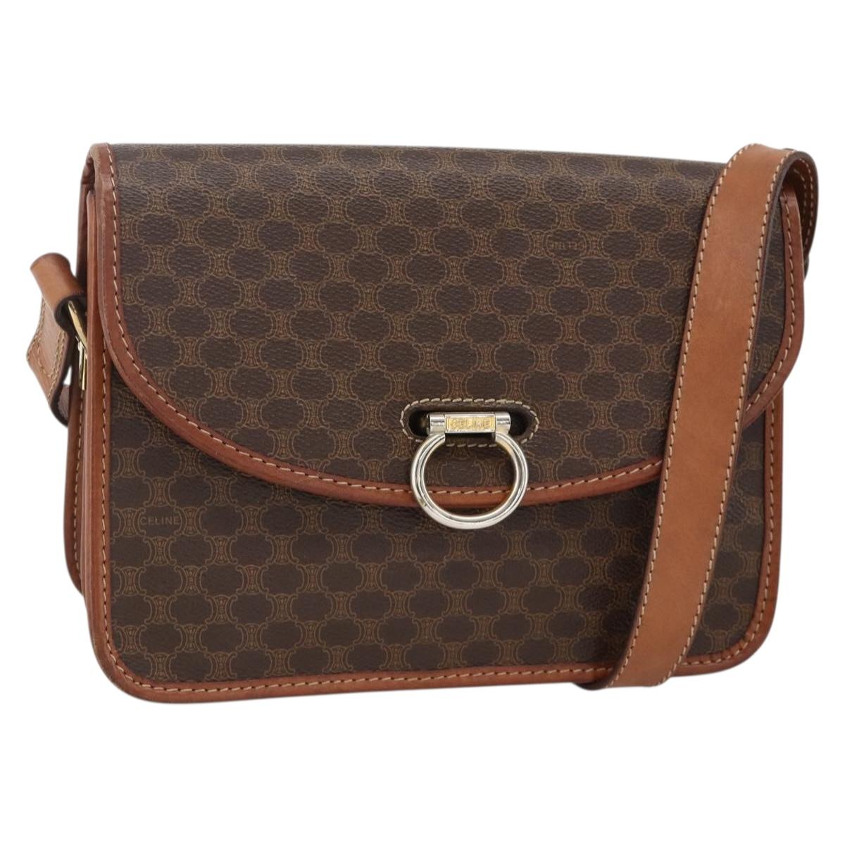 CELINE Macadam Canvas Shoulder Bag PVC Leather Brown Gold Auth 174351