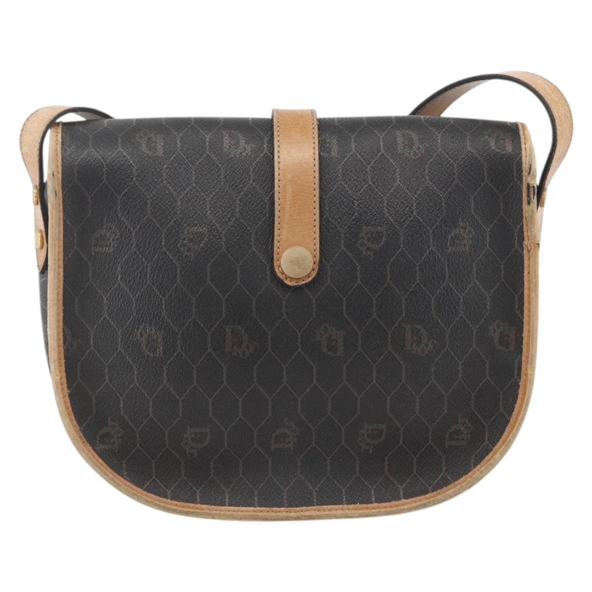 Christian Dior Honeycomb Canvas Shoulder Bag PVC Black Gold Auth 174371