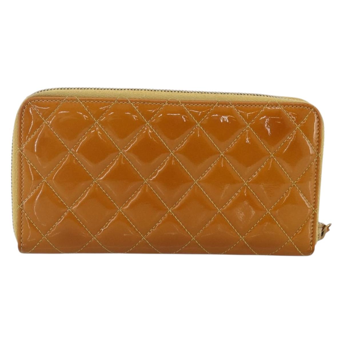 CHANEL Matelasse Long Wallet Patent leather Gold Yellow CC Auth 174373A