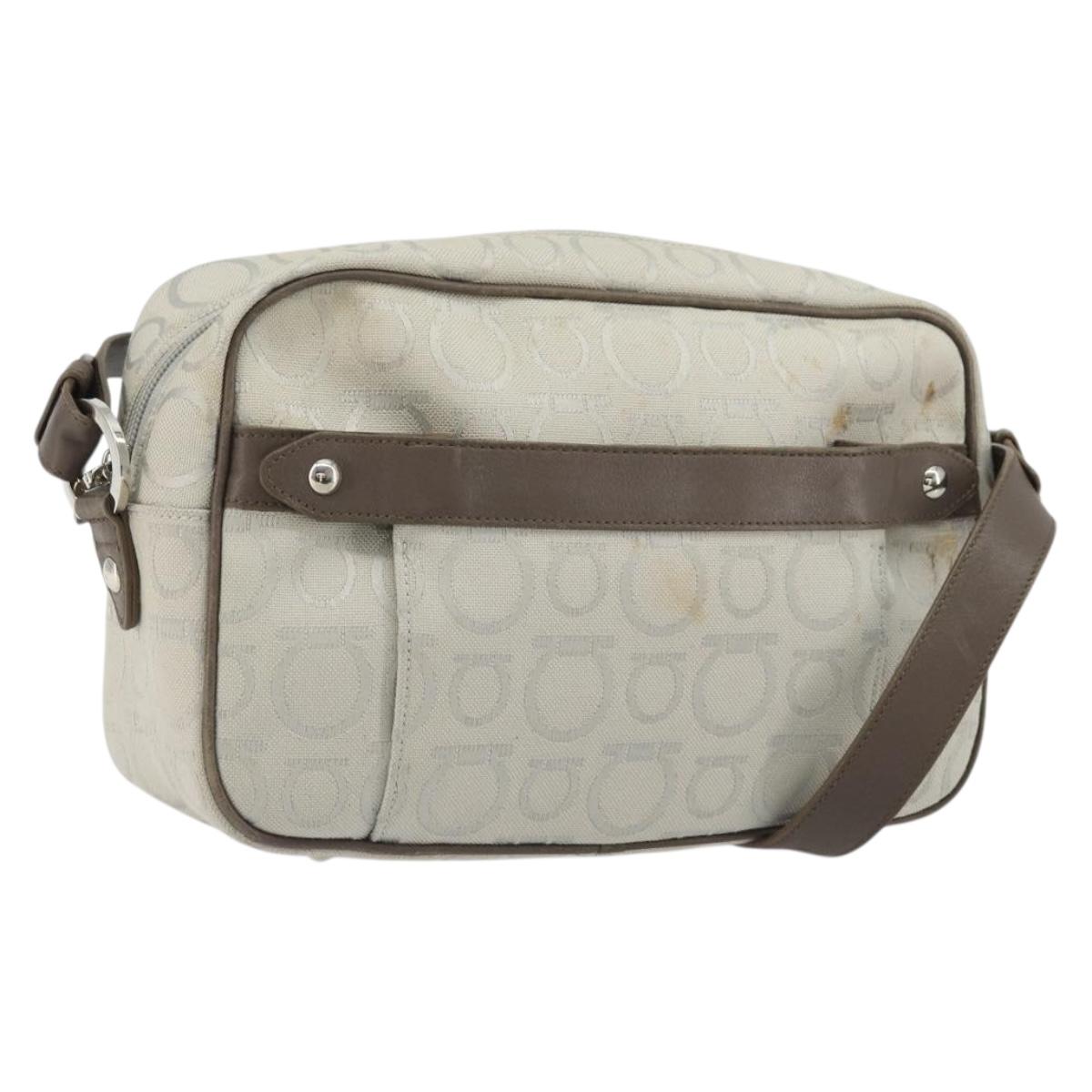 Salvatore Ferragamo Gancini Shoulder Bag Nylon Gray Silver Auth 174380