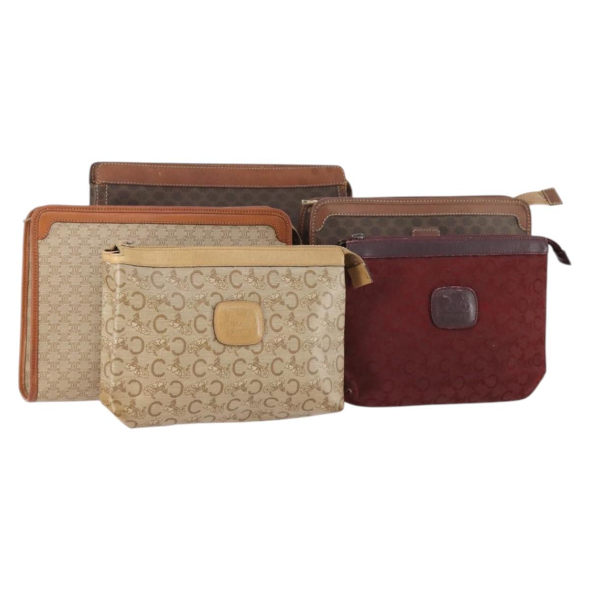 CELINE Macadam Canvas Clutch Bag PVC 5 Set Brown Beige Red Auth 174389