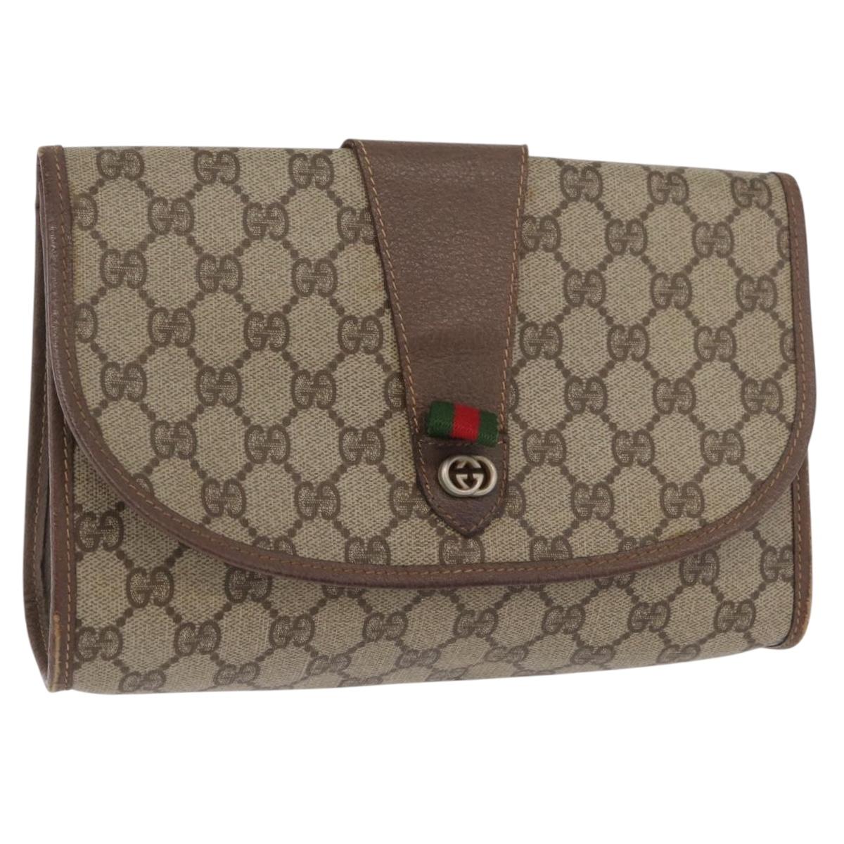 GUCCI GG Supreme Web Sherry Line Clutch Bag PVC Beige Gold Auth 174412