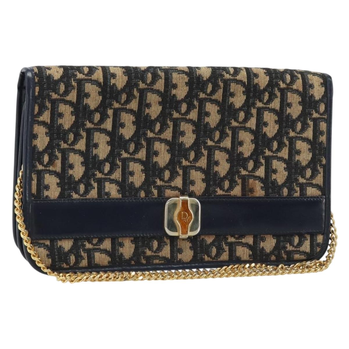 Christian Dior Trotter Canvas Chain Shoulder Bag Navy Gold Auth 174454A