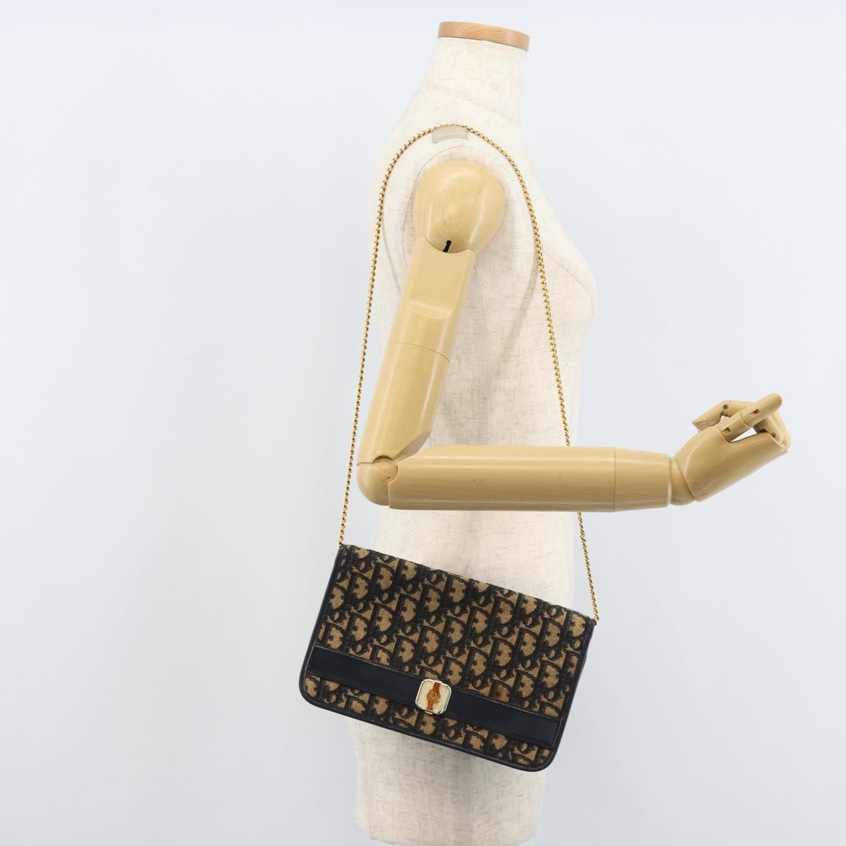 Christian Dior Trotter Canvas Chain Shoulder Bag Navy Gold Auth 174454A