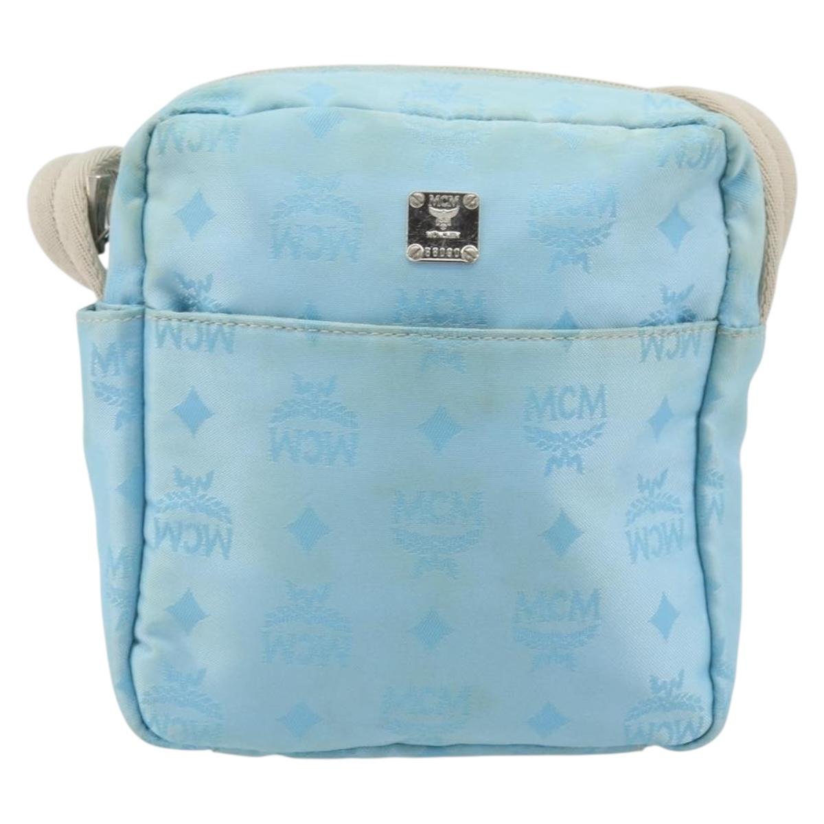 MCM Vicetos Logogram Shoulder Bag Nylon Light Blue Silver Auth 174459