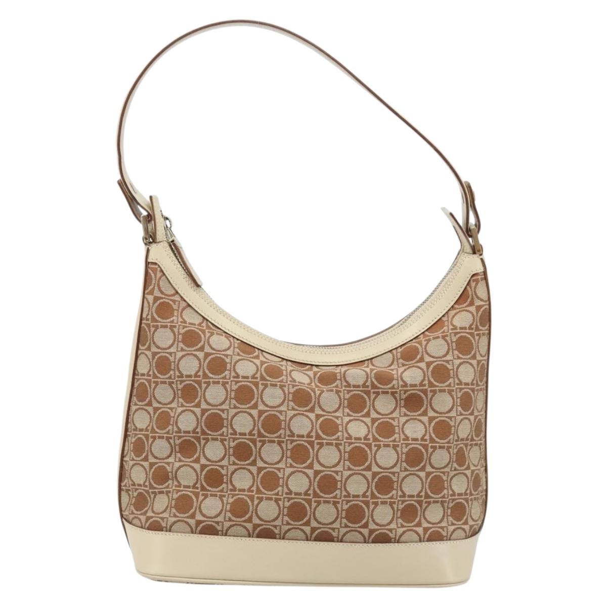 Salvatore Ferragamo Gancini Shoulder Bag Canvas Leather Brown Gold Auth 174463
