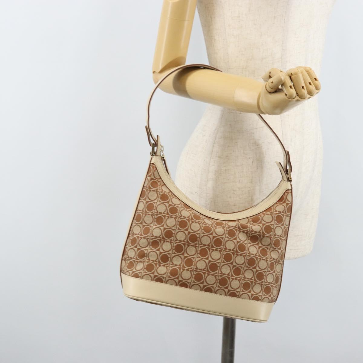 Salvatore Ferragamo Gancini Shoulder Bag Canvas Leather Brown Gold Auth 174463