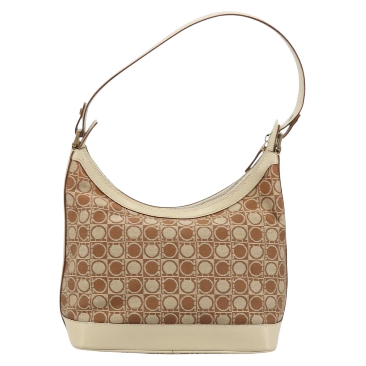 Salvatore Ferragamo Gancini Shoulder Bag Canvas Leather Brown Gold Auth 174463