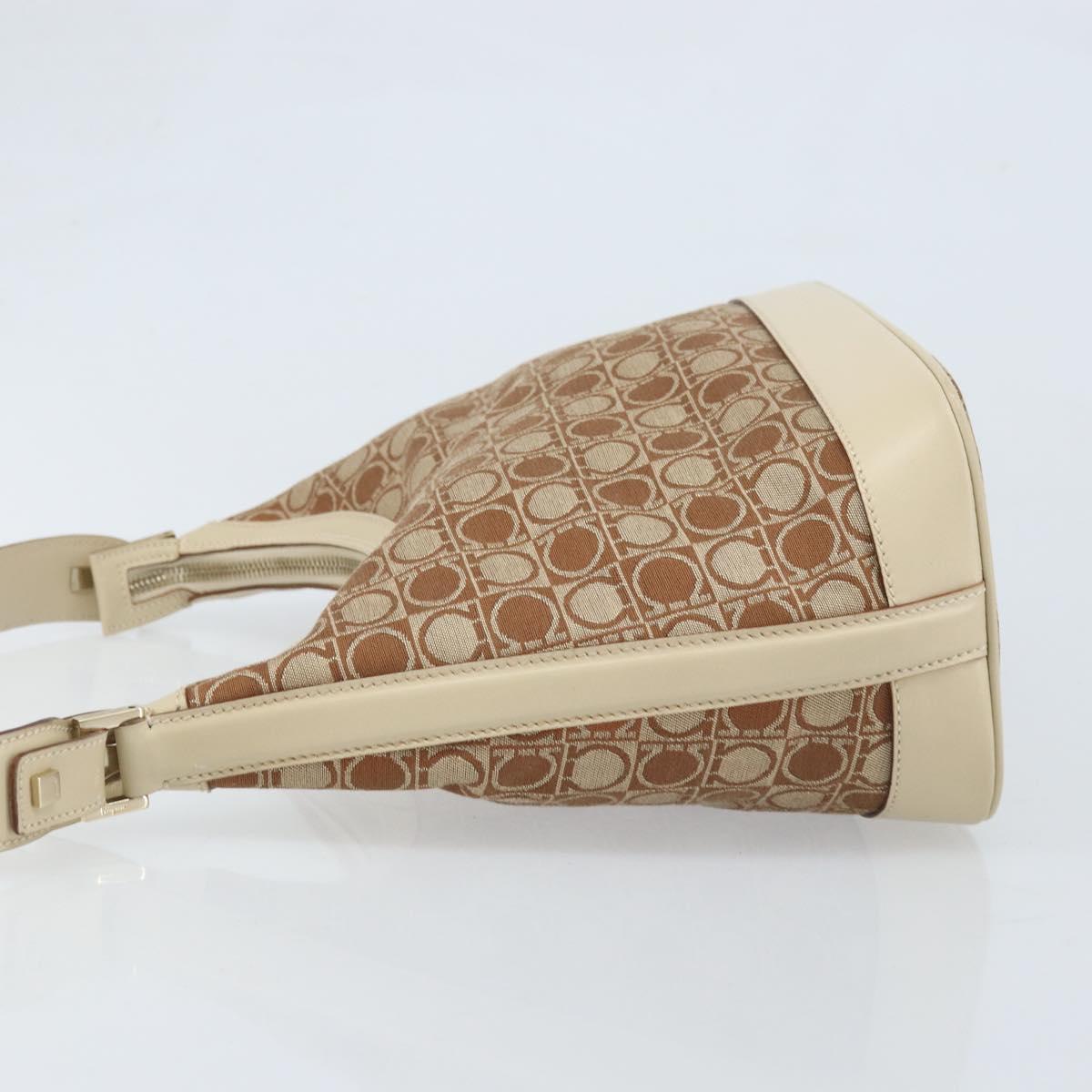 Salvatore Ferragamo Gancini Shoulder Bag Canvas Leather Brown Gold Auth 174463