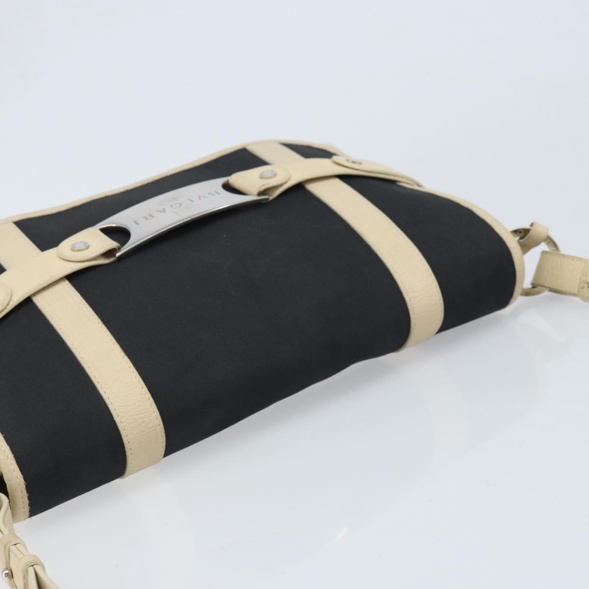 BVLGARI Shoulder Bag Canvas Leather Black Ivory Silver Auth 174478
