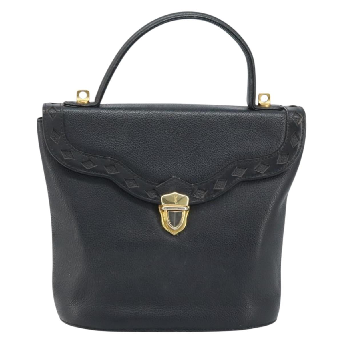 SAINT LAURENT Hand Bag Leather Black Gold Auth 174481