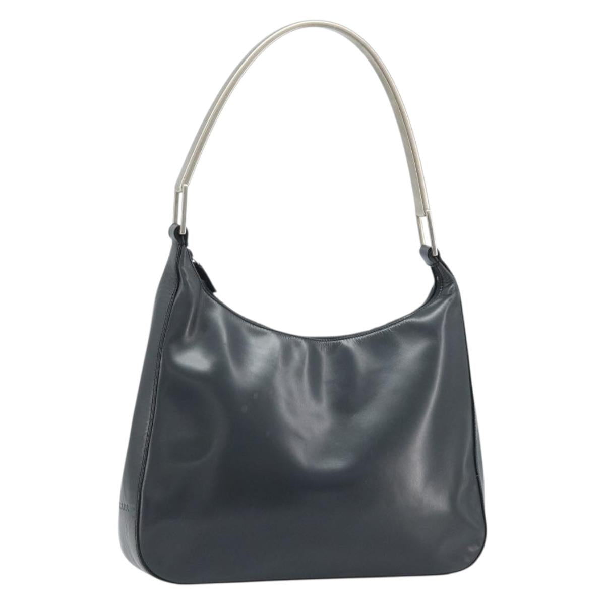 PRADA Shoulder Bag Leather Gray Silver tone Auth 174484