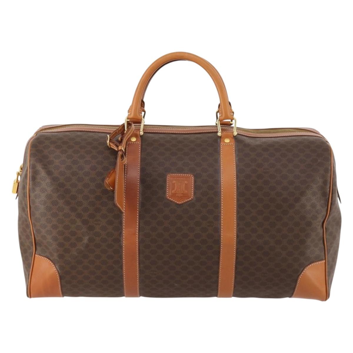 CELINE Macadam Canvas Boston Bag PVC Leather Brown Gold Auth 174501