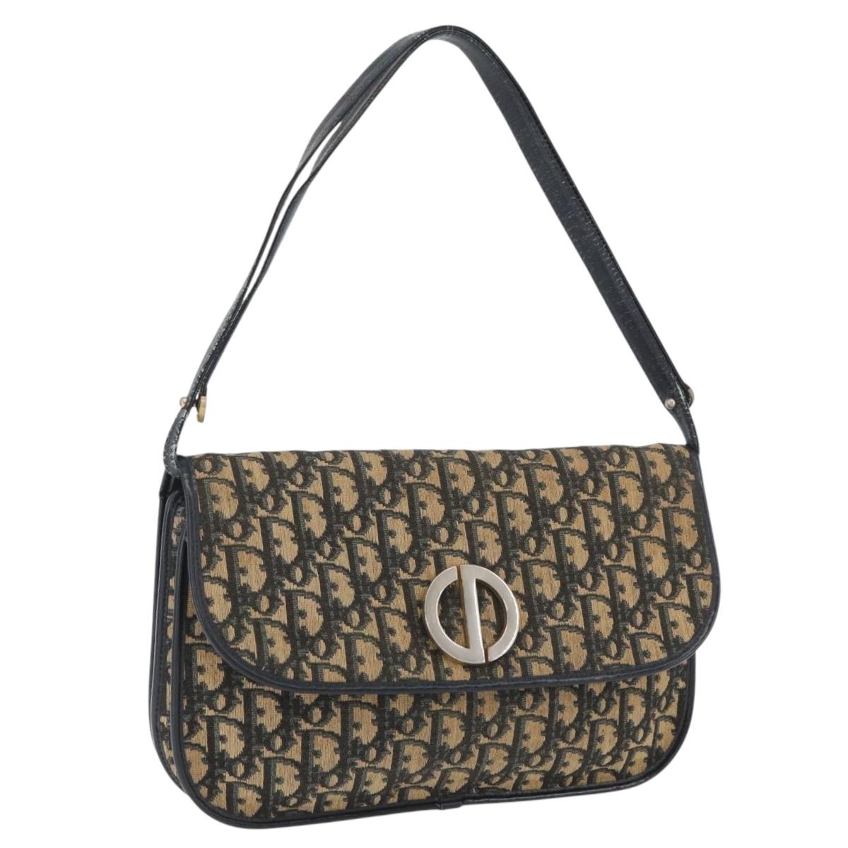 Christian Dior Trotter Canvas Shoulder Bag Navy Gold Auth 174528