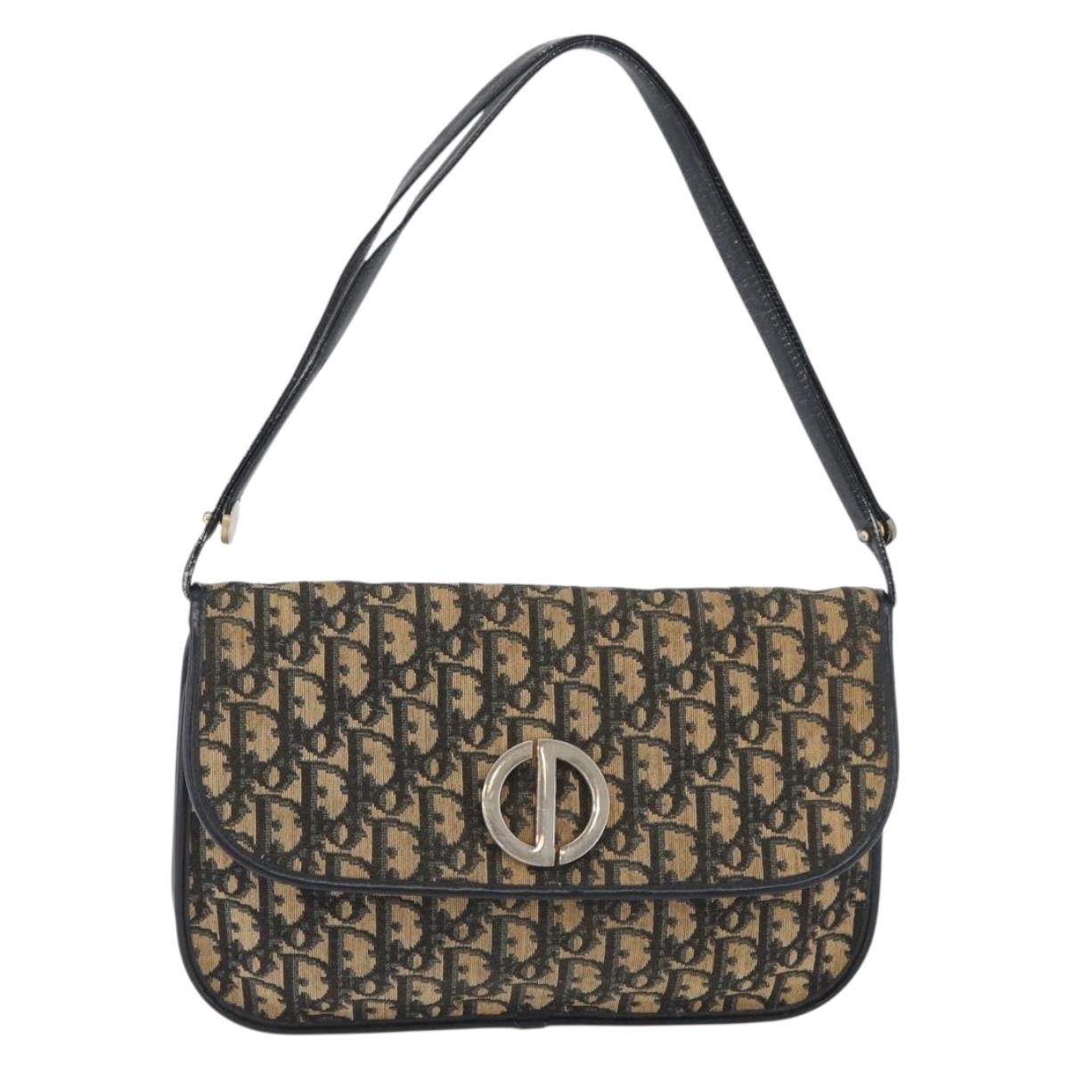 Christian Dior Trotter Canvas Shoulder Bag Navy Gold Auth 174528
