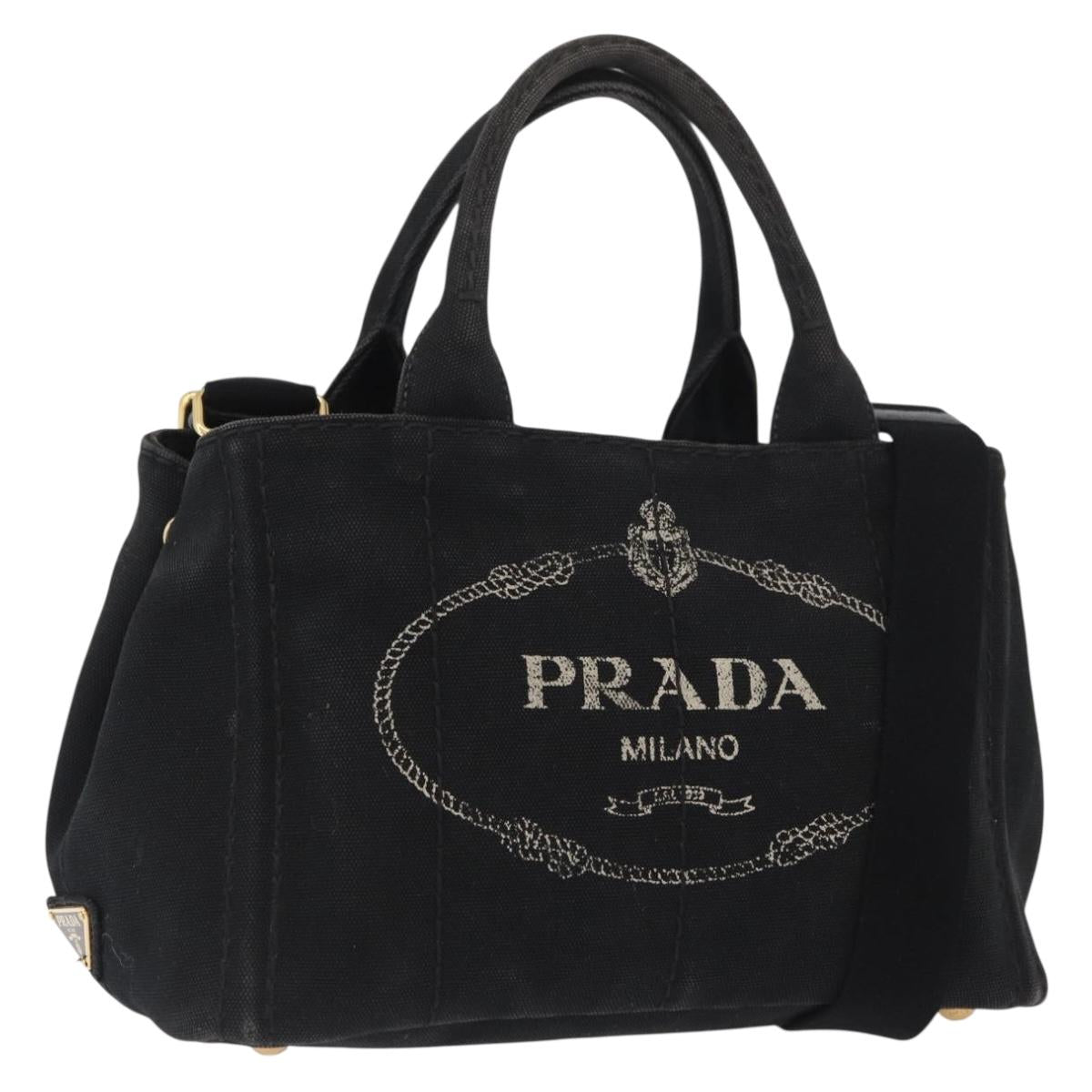 PRADA Canapa PM Hand Bag Canvas 2way Black Gold Auth 174537