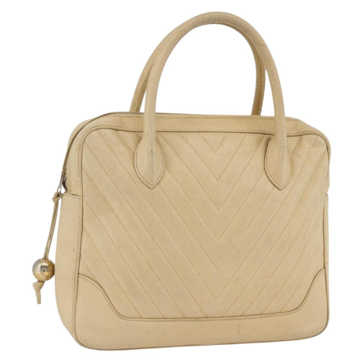 CHANEL Hand Bag Caviar Skin Cream Gold CC Auth 174548