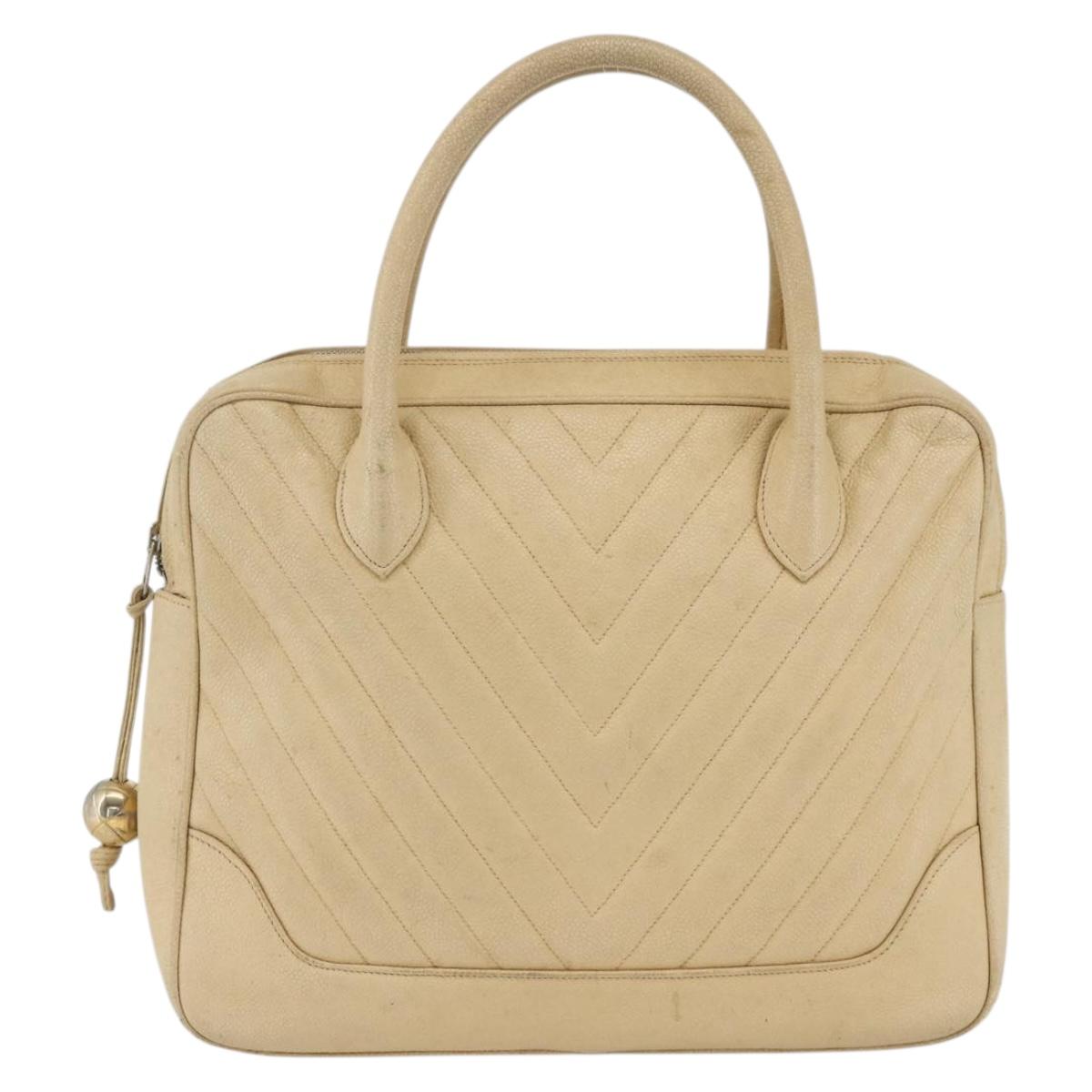 CHANEL Hand Bag Caviar Skin Cream Gold CC Auth 174548
