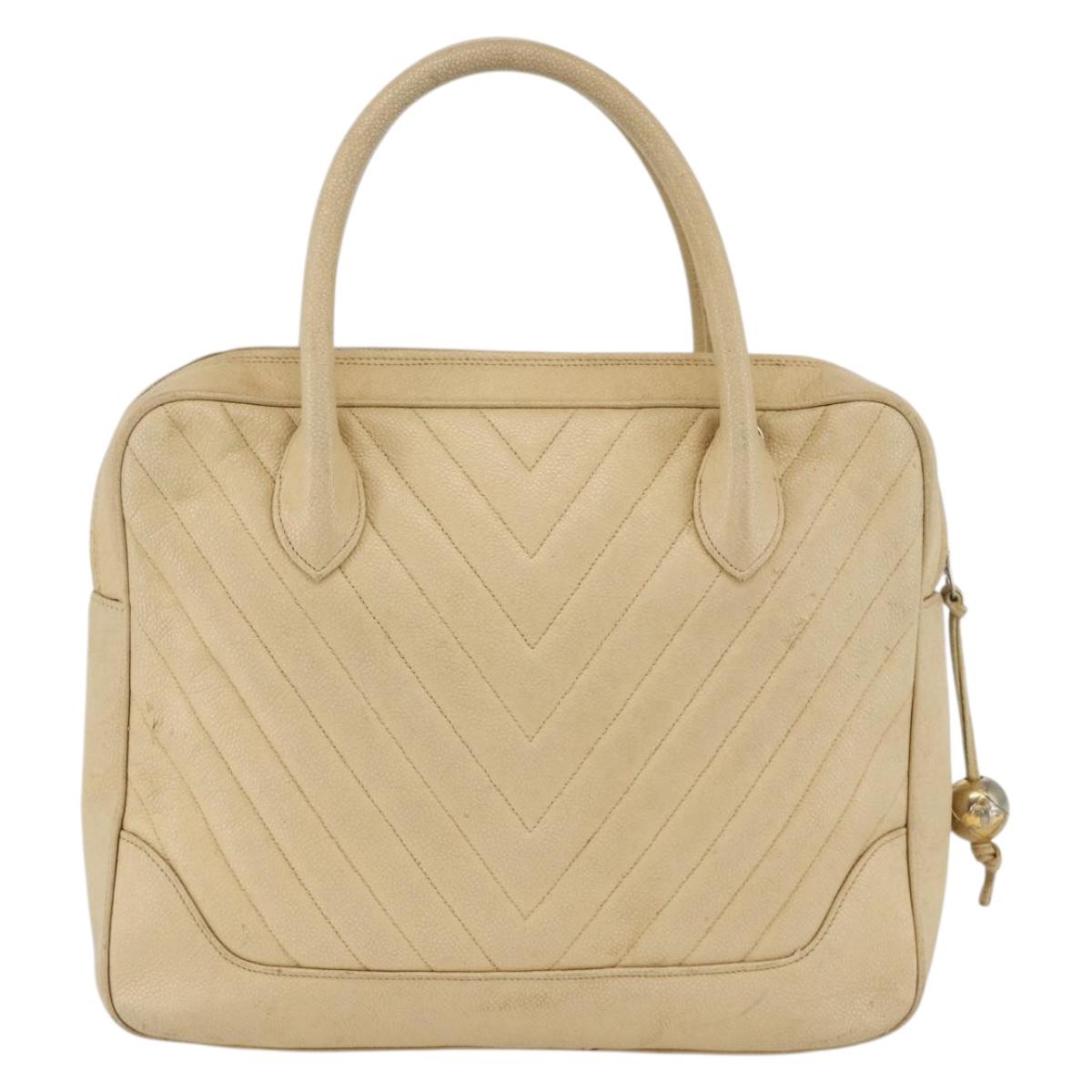CHANEL Hand Bag Caviar Skin Cream Gold CC Auth 174548