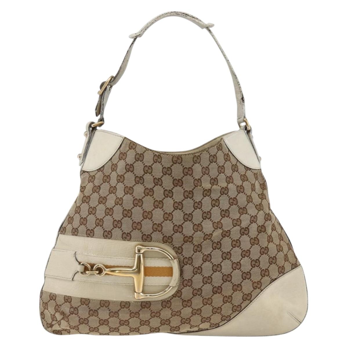 GUCCI GG Canvas Horsebit Shoulder Bag Beige Gold Auth 174565