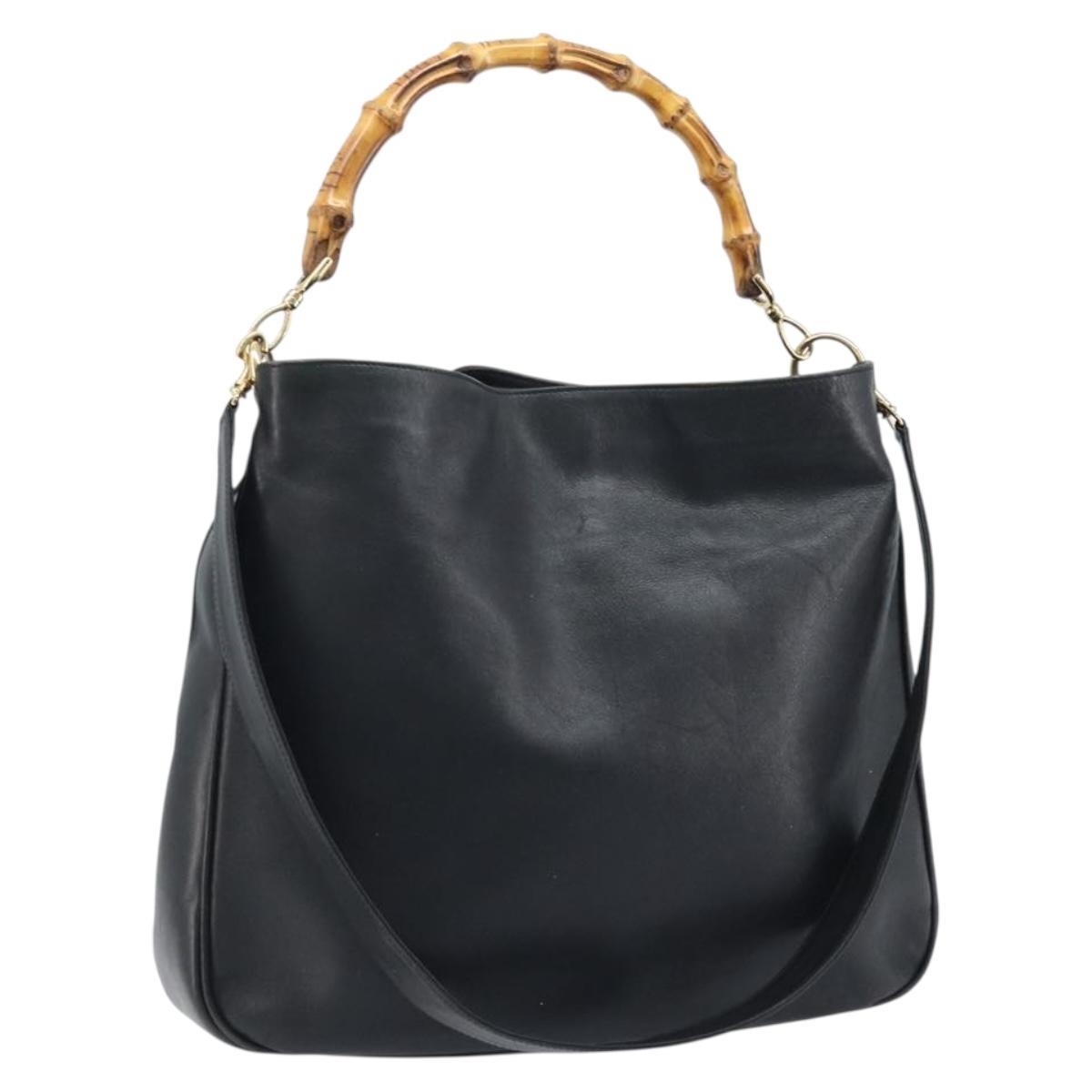 GUCCI Bamboo Shoulder Bag Leather 2way Black Gold 001 1781 1577 Auth 174579