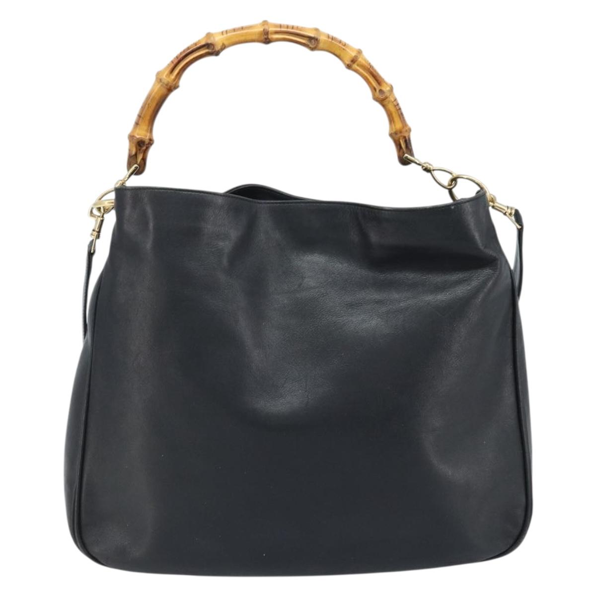 GUCCI Bamboo Shoulder Bag Leather 2way Black Gold 001 1781 1577 Auth 174579