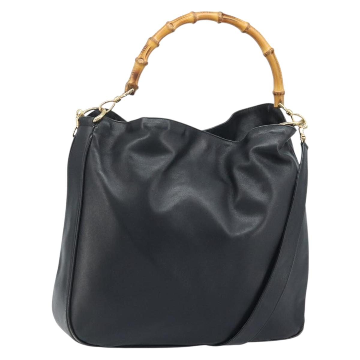 GUCCI Bamboo Shoulder Bag Leather 2way Black Gold 001 3444 1577 Auth 174580