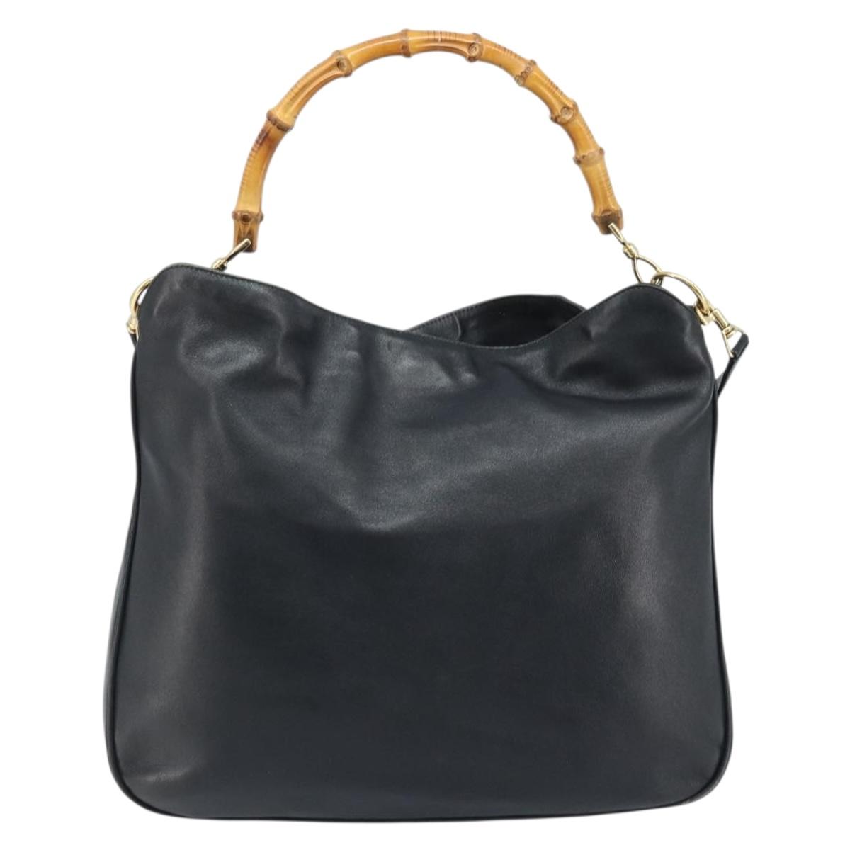 GUCCI Bamboo Shoulder Bag Leather 2way Black Gold 001 3444 1577 Auth 174580