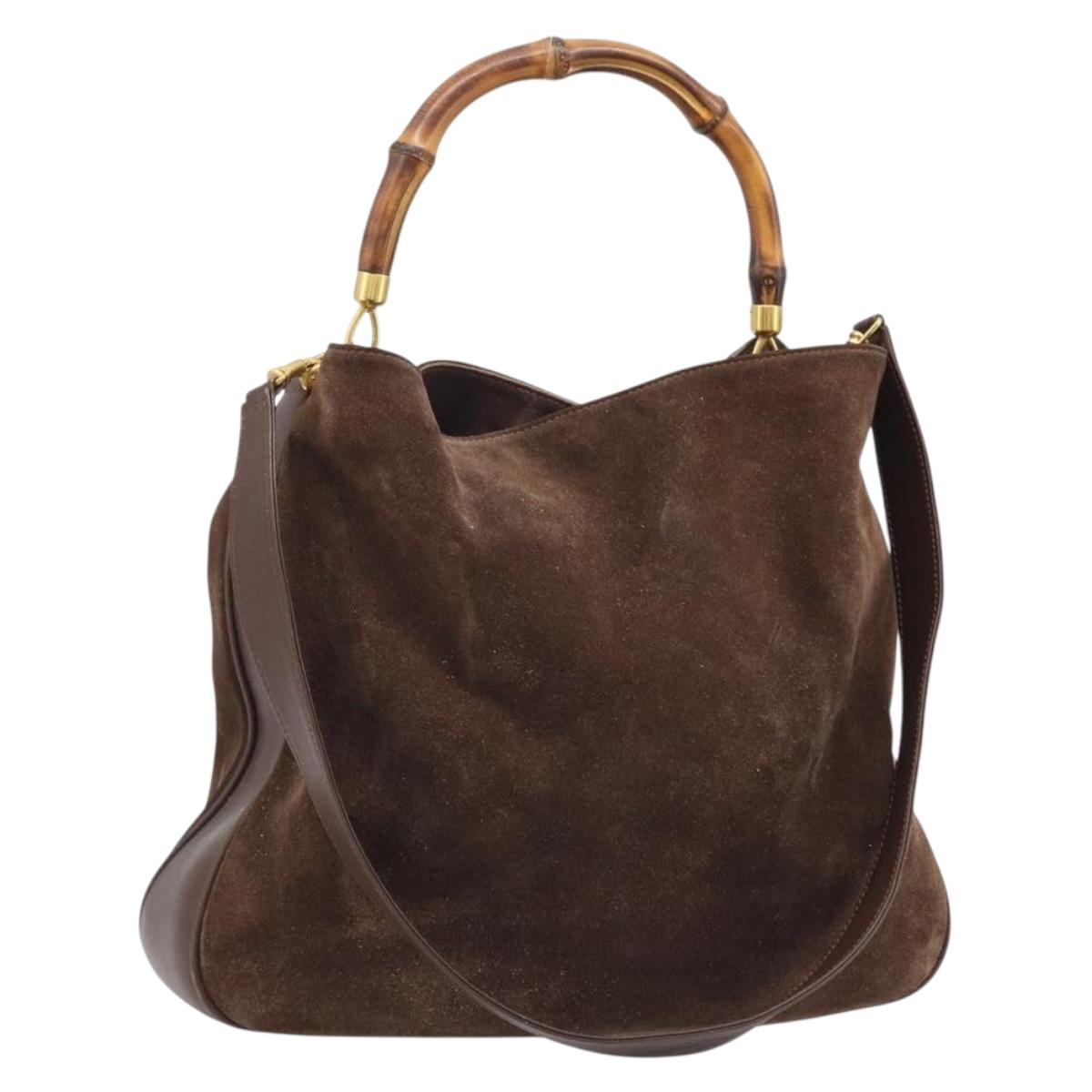 GUCCI Bamboo Shoulder Bag Suede 2way Brown Gold 001 14 1577 Auth 174581