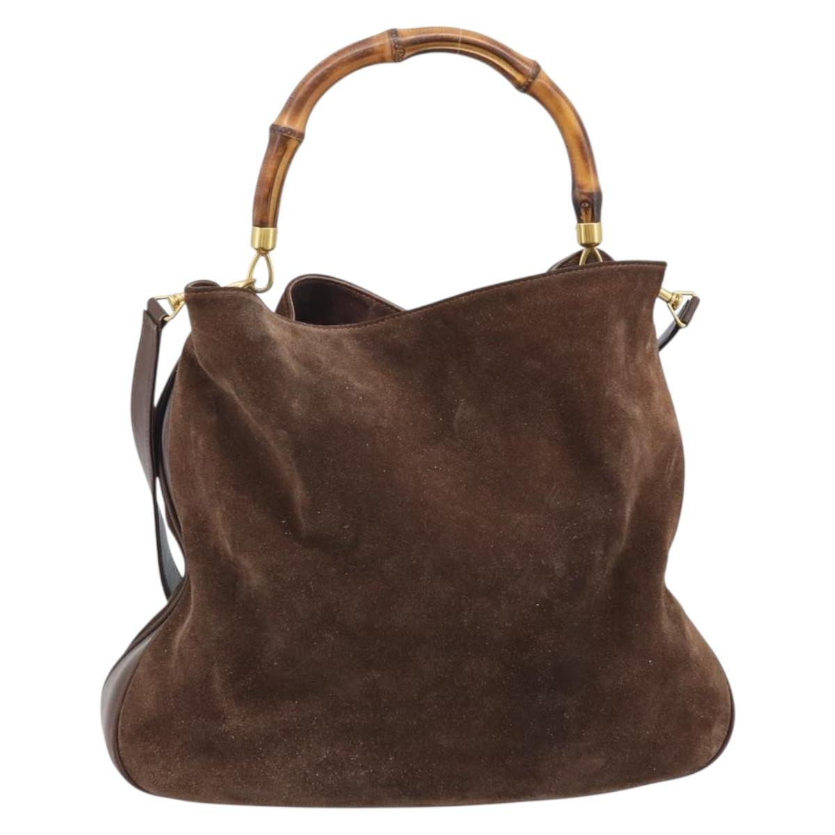 GUCCI Bamboo Shoulder Bag Suede 2way Brown Gold 001 14 1577 Auth 174581