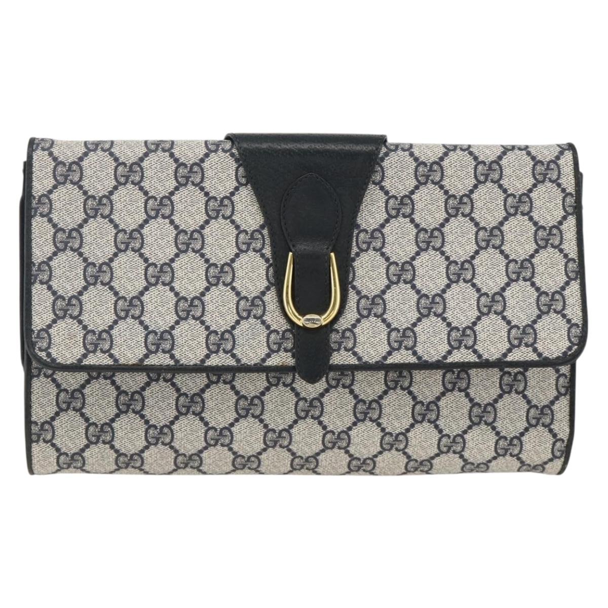 GUCCI GG Supreme Clutch Bag PVC Navy Gold Auth 174582