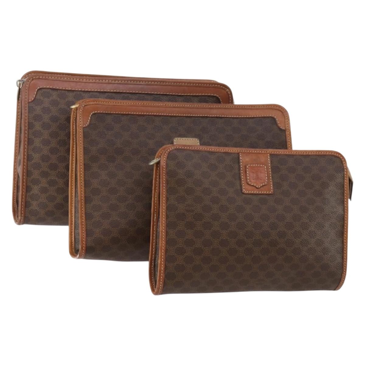 CELINE Macadam Canvas Clutch Bag PVC Leather 3 Set Brown Auth 174585
