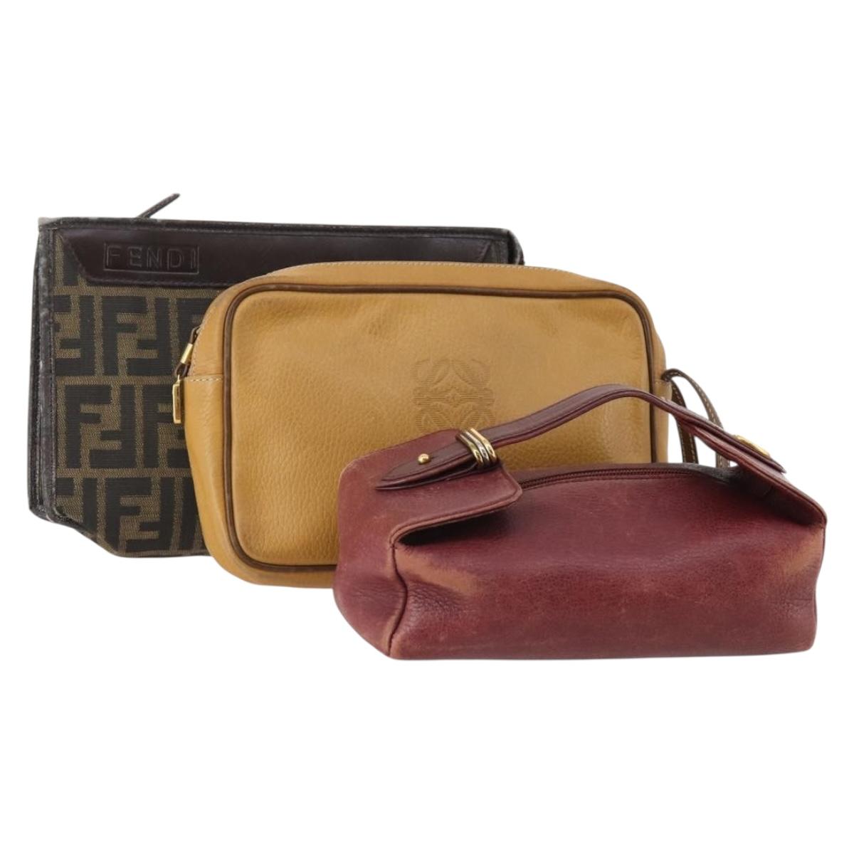 FENDI Loewe Cartier Zucca Canvas Bag Leather 3 Set Black Beige Auth 174586