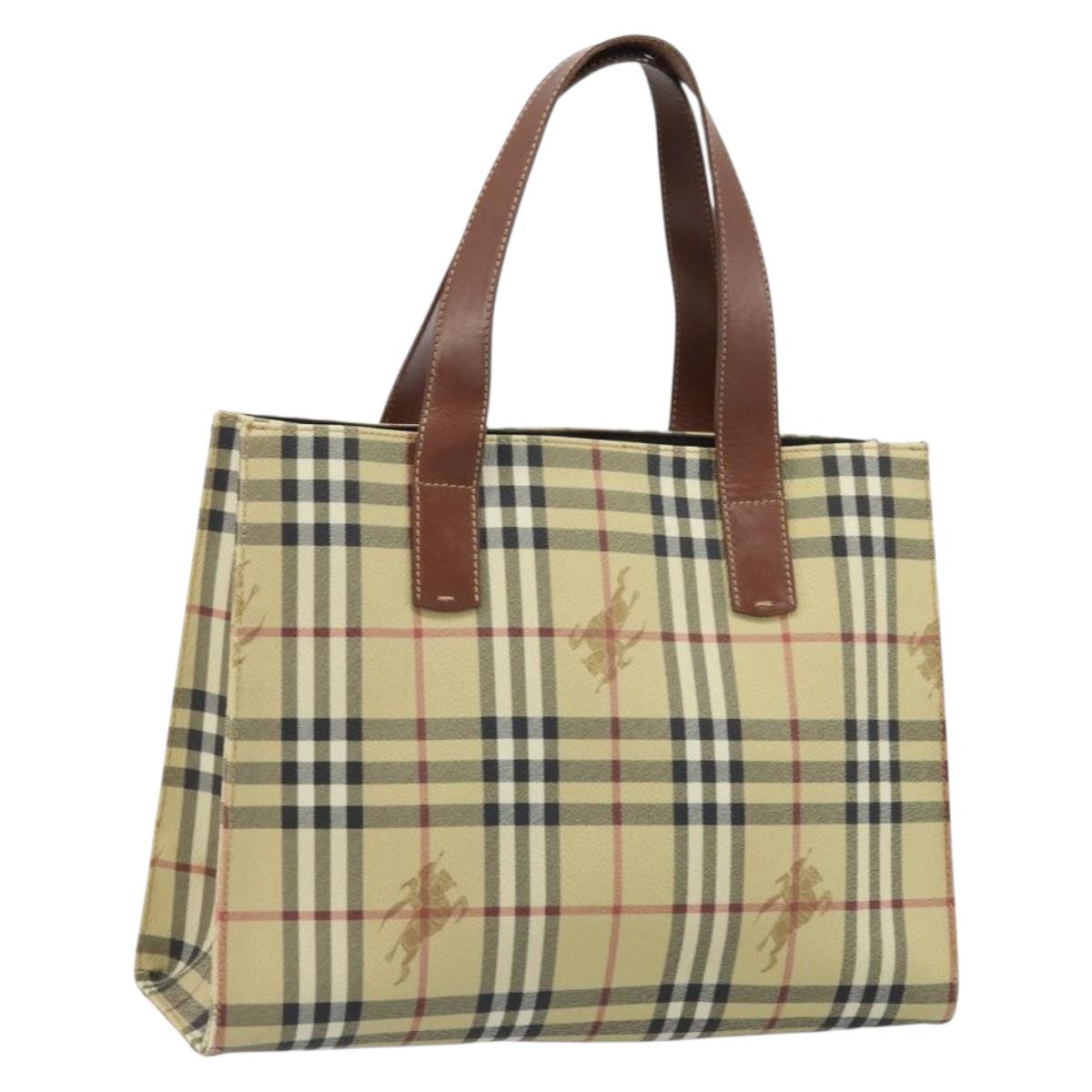 BURBERRY Nova Check Hand Bag PVC Beige Gold Auth 174590
