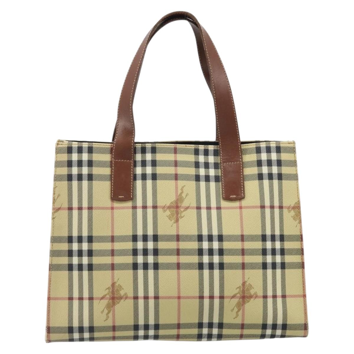 BURBERRY Nova Check Hand Bag PVC Beige Gold Auth 174590