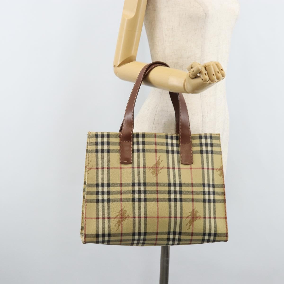 BURBERRY Nova Check Hand Bag PVC Beige Gold Auth 174590