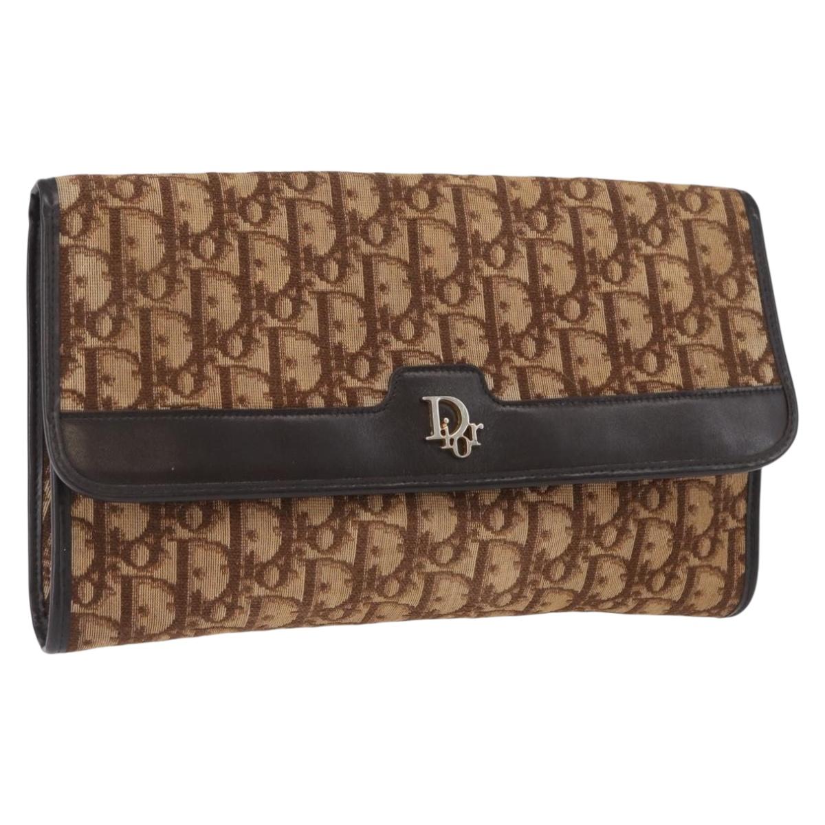 Christian Dior Trotter Canvas Clutch Bag Brown Gold Auth 174592