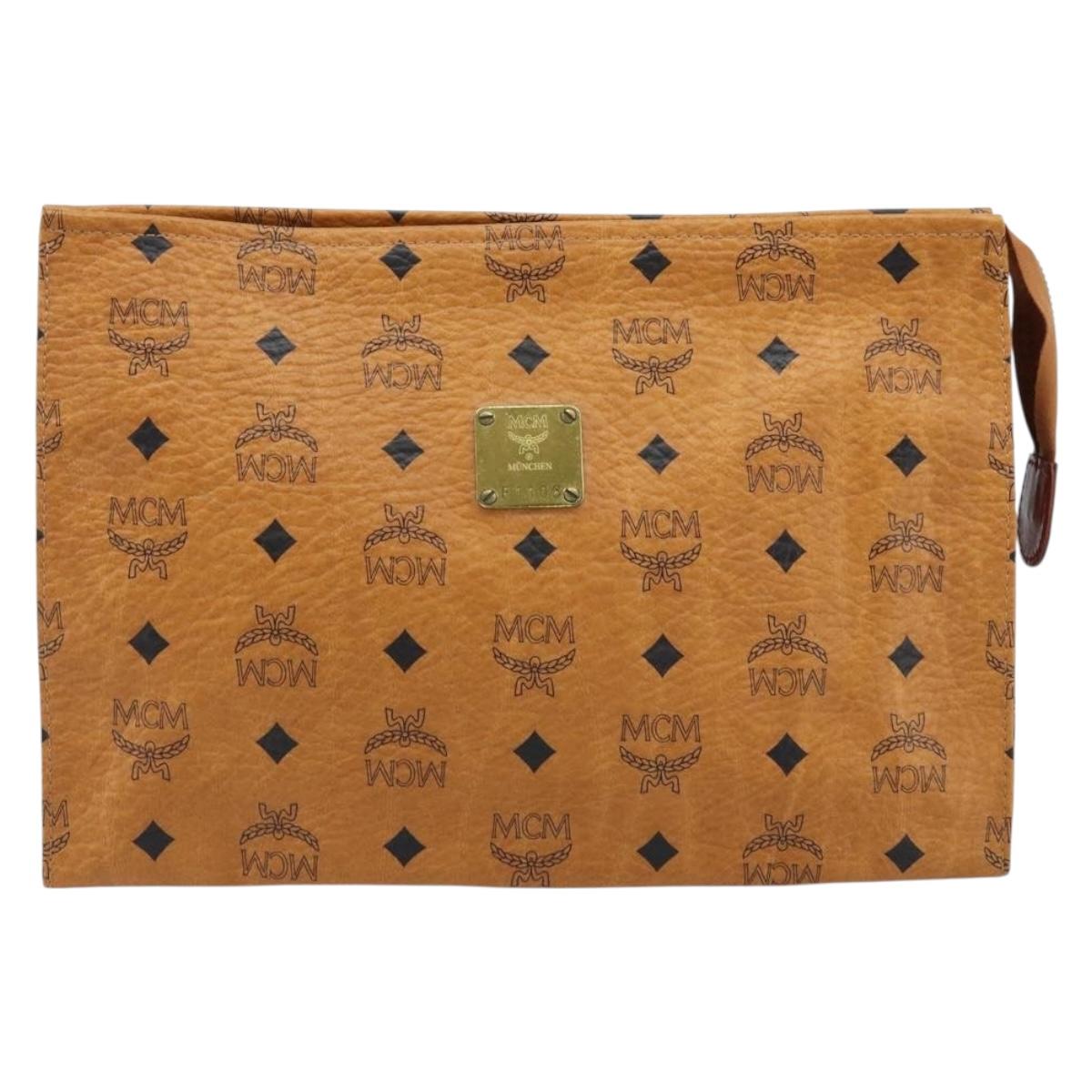 MCM Logogram Vicetos Clutch Bag PVC Leather Brown Gold Auth 174595