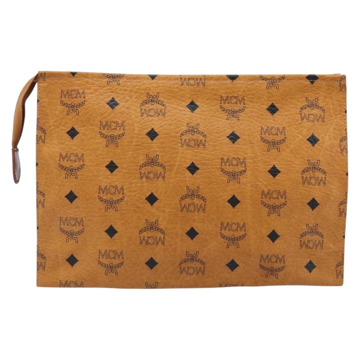 MCM Logogram Vicetos Clutch Bag PVC Leather Brown Gold Auth 174595