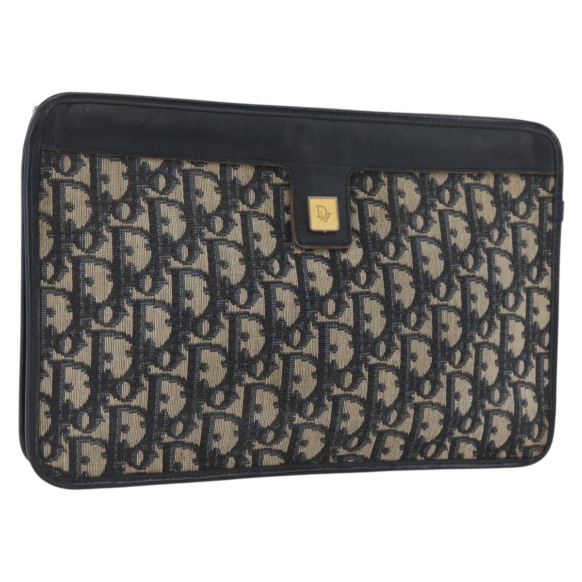 Christian Dior Trotter Canvas Clutch Bag Navy Gold Auth 174597
