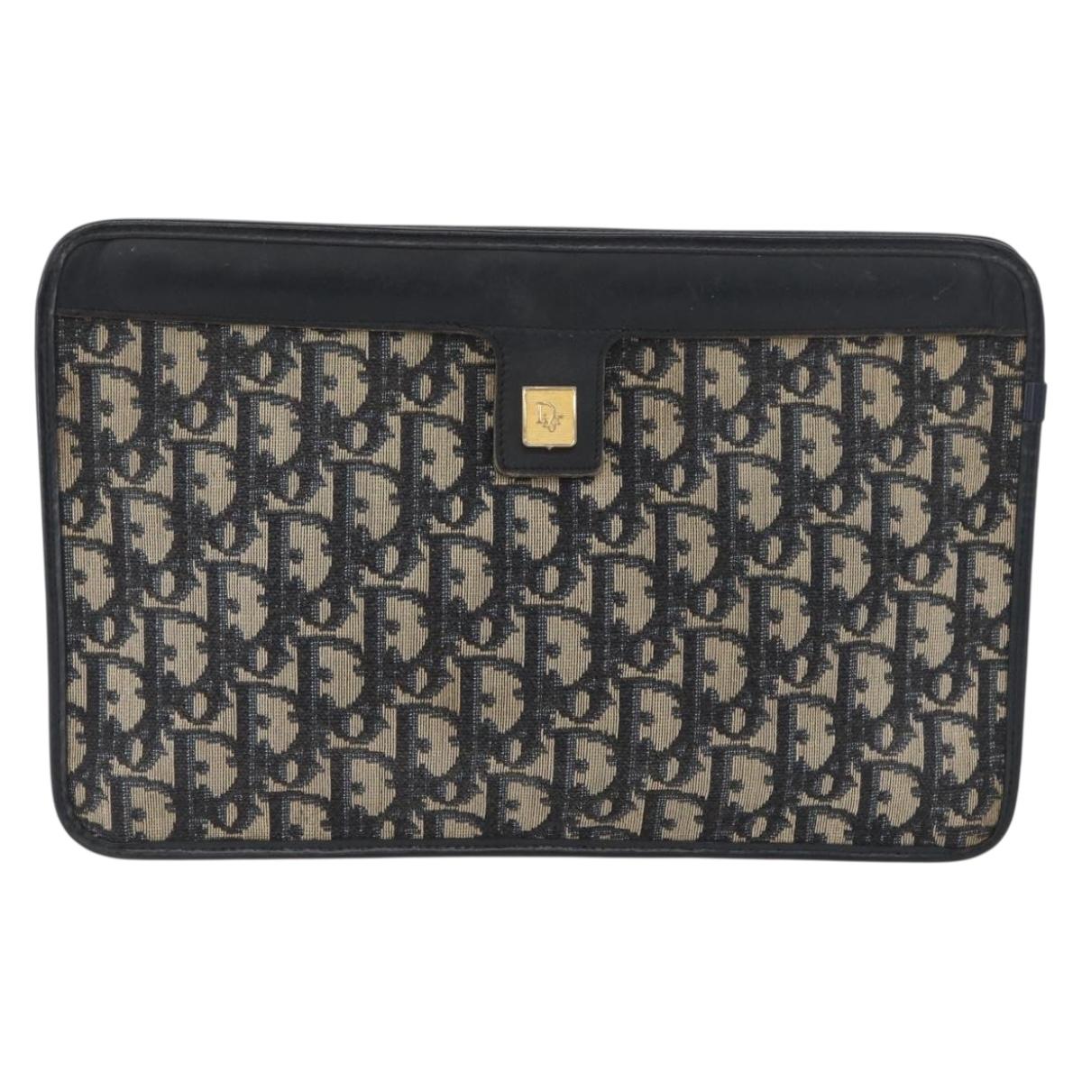 Christian Dior Trotter Canvas Clutch Bag Navy Gold Auth 174597